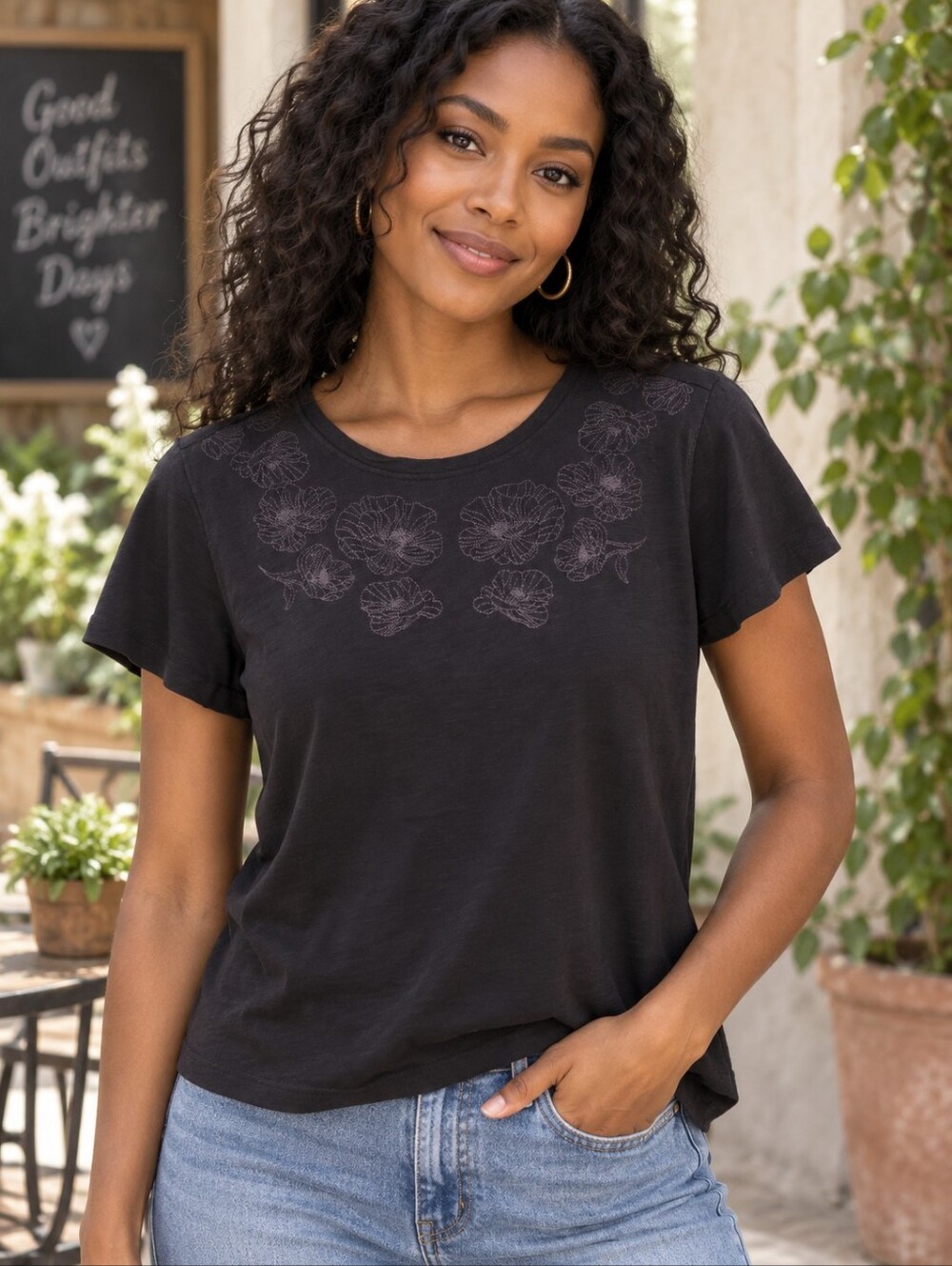 Ella Moss Womens S Black Embroidered Floral Crew Neck Tee Romantic Boho Top
